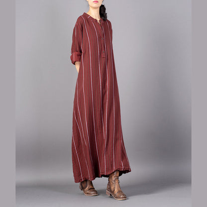 Red Striped Stand Collar Gown Baggy Pockets Maxi Dresses