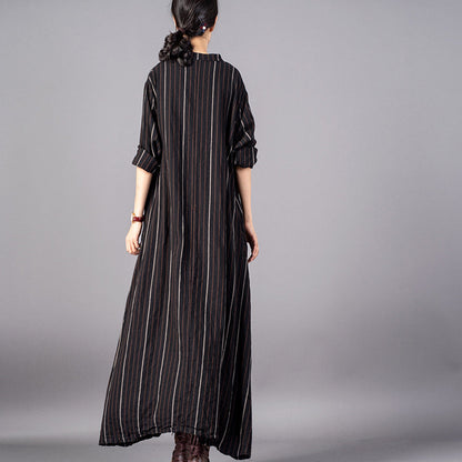 Red Striped Stand Collar Gown Baggy Pockets Maxi Dresses