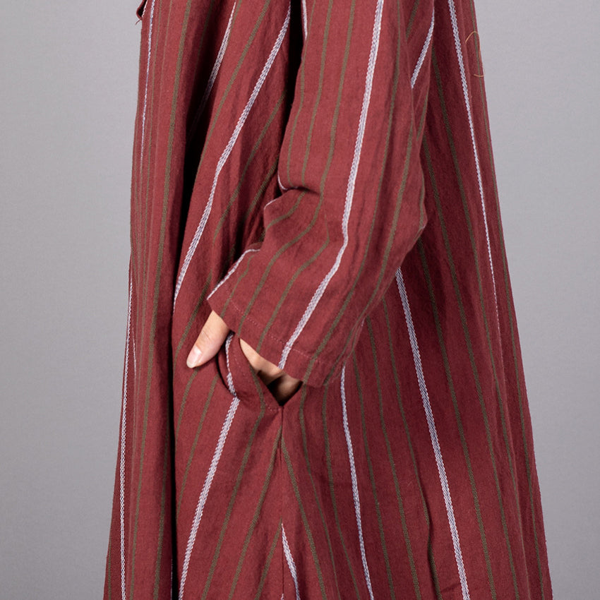 Red Striped Stand Collar Gown Baggy Pockets Maxi Dresses