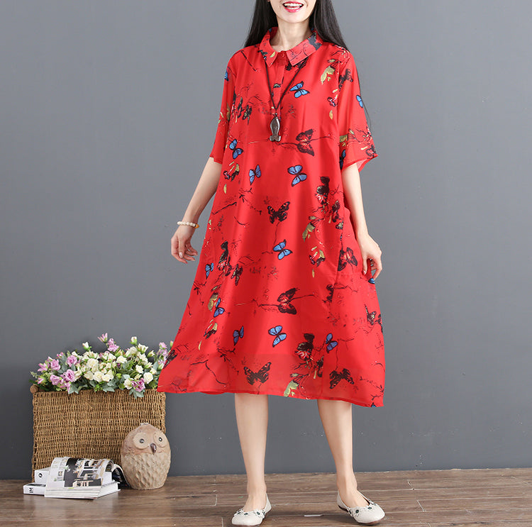 Red Summer Dress Turn Down Collar Half Sleeve Cocktail Dress Print Baggy Dresses Chiffon Sundress