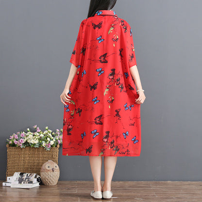 Red Summer Dress Turn Down Collar Half Sleeve Cocktail Dress Print Baggy Dresses Chiffon Sundress