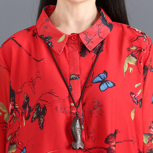 Red Summer Dress Turn Down Collar Half Sleeve Cocktail Dress Print Baggy Dresses Chiffon Sundress
