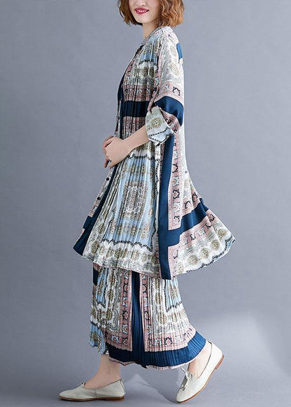 Stand Collar Two Pieces Light Gray Prints Tops and Pleated Wide Leg Pants