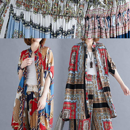 Stand Collar Two Pieces Light Gray Prints Tops and Pleated Wide Leg Pants
