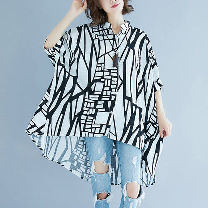 Striped Natural Cotton Linen T Shirt Cardigans Batwing Sleeve Stand Brief T Shirt