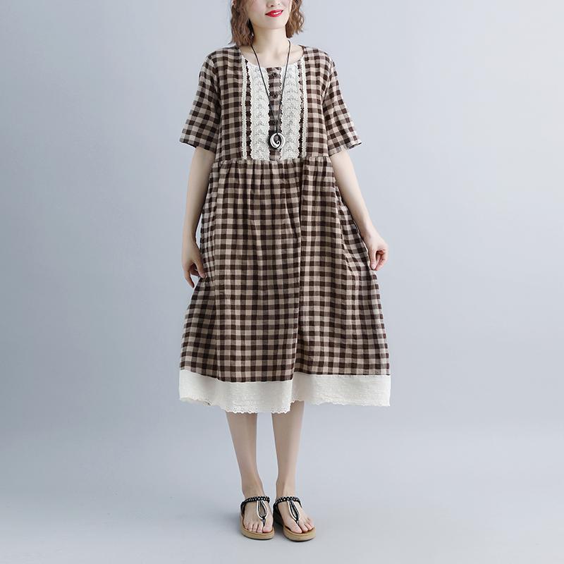 Summer Dresses Lacing Short Sleeve Plaid Pockets Retro Dress