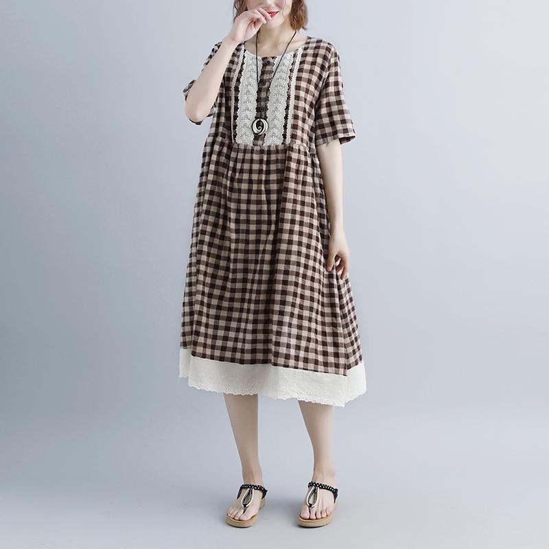 Summer Dresses Lacing Short Sleeve Plaid Pockets Retro Dress