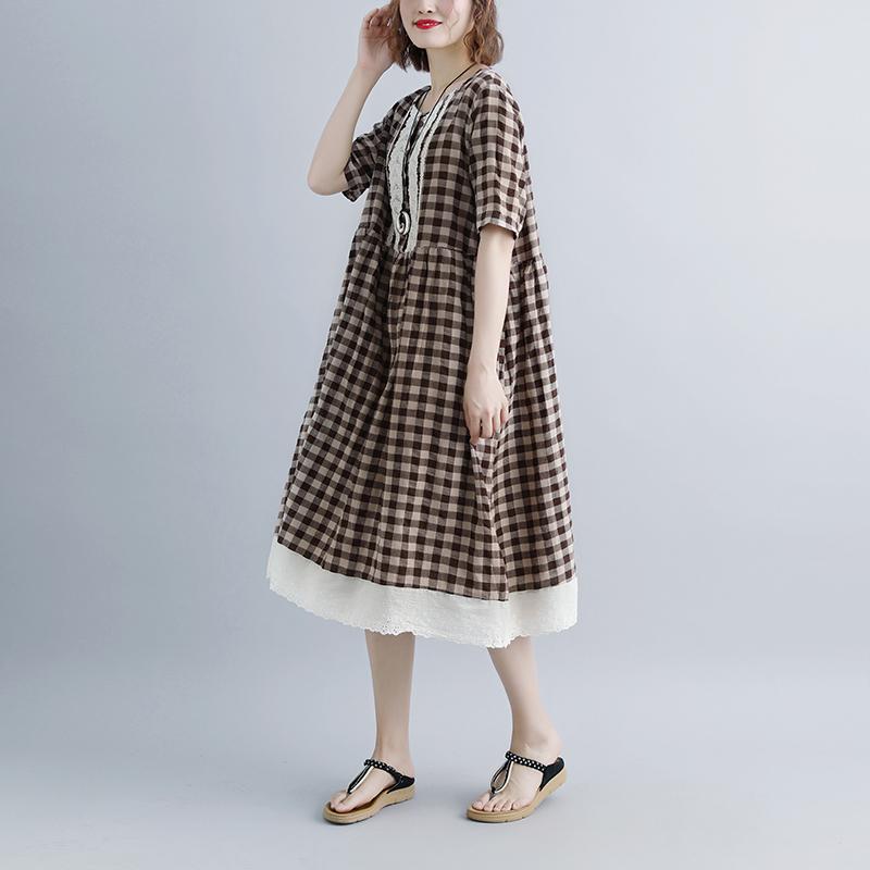 Summer Dresses Lacing Short Sleeve Plaid Pockets Retro Dress