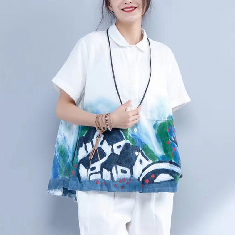 Summer Linen Tops Loose Fitting Printing Linen Loose Pocket White Blouse