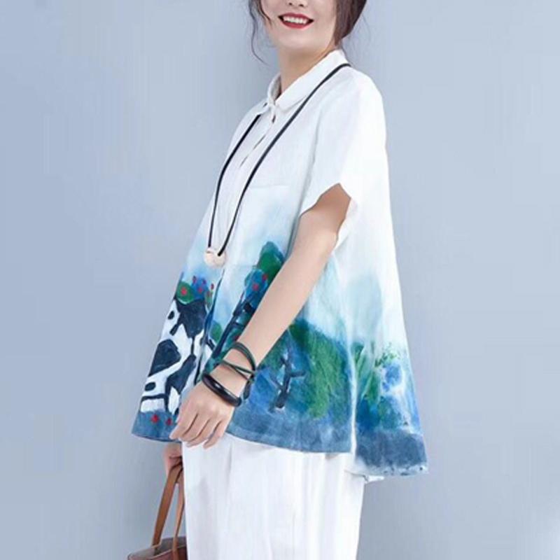 Summer Linen Tops Loose Fitting Printing Linen Loose Pocket White Blouse
