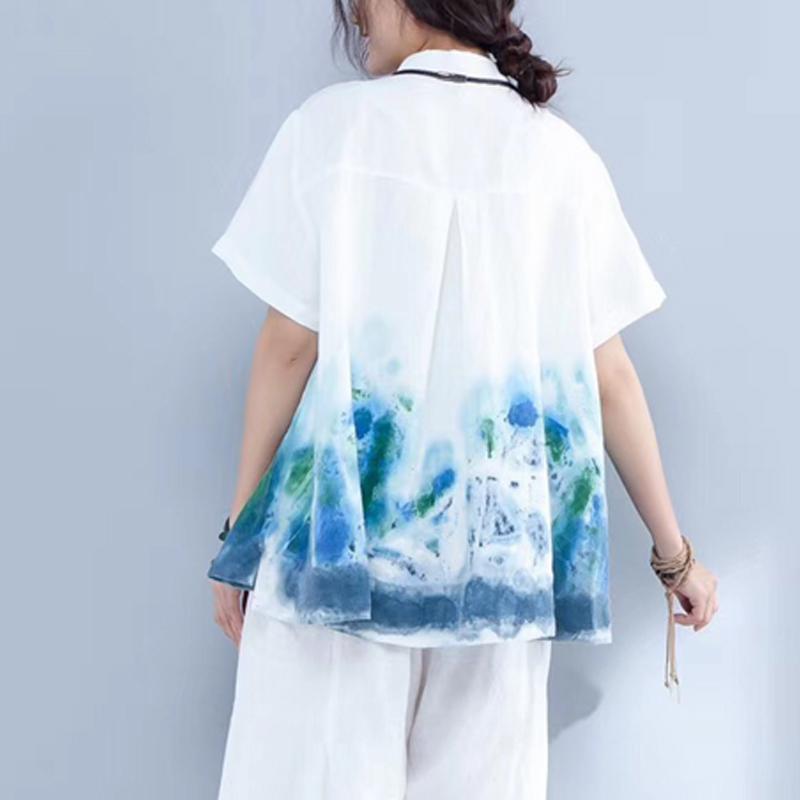 Summer Linen Tops Loose Fitting Printing Linen Loose Pocket White Blouse