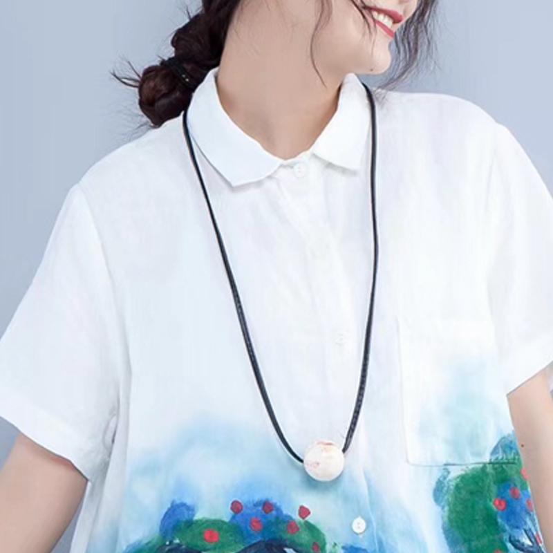Summer Linen Tops Loose Fitting Printing Linen Loose Pocket White Blouse