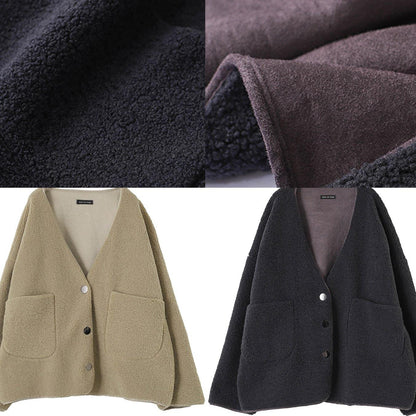 Winter Coat Woolen Outwear Green V Neck Pockets Outwear