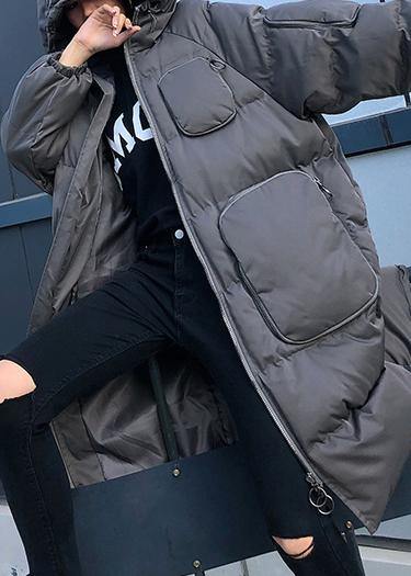 Winter Jacket Overcoat Gray Hooded Zippered Parka