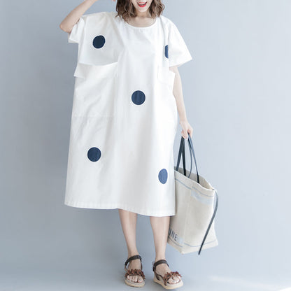 White Dotted Cotton Shift Dress Oversize Shirt Dress New Short Sleeve O Neck Baggy Dresses Natural Cotton Dress