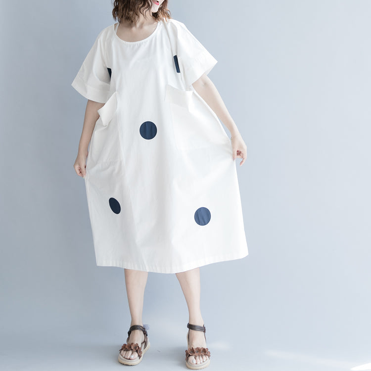White Dotted Cotton Shift Dress Oversize Shirt Dress New Short Sleeve O Neck Baggy Dresses Natural Cotton Dress