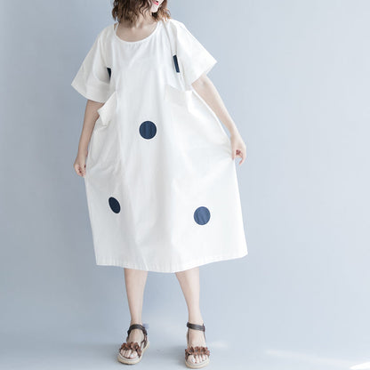 White Dotted Cotton Shift Dress Oversize Shirt Dress New Short Sleeve O Neck Baggy Dresses Natural Cotton Dress