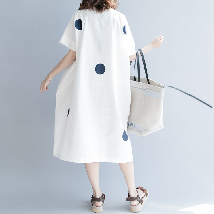 White Dotted Cotton Shift Dress Oversize Shirt Dress New Short Sleeve O Neck Baggy Dresses Natural Cotton Dress