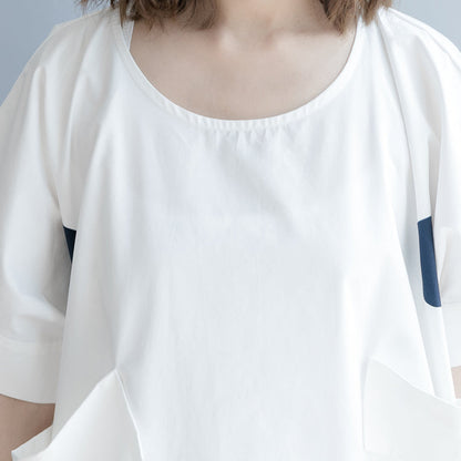 White Dotted Cotton Shift Dress Oversize Shirt Dress New Short Sleeve O Neck Baggy Dresses Natural Cotton Dress
