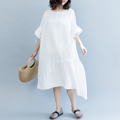 White Long Cotton Linen Dress O Neck Drawstring Caftans Fine Petal Sleeve Baggy Dresses