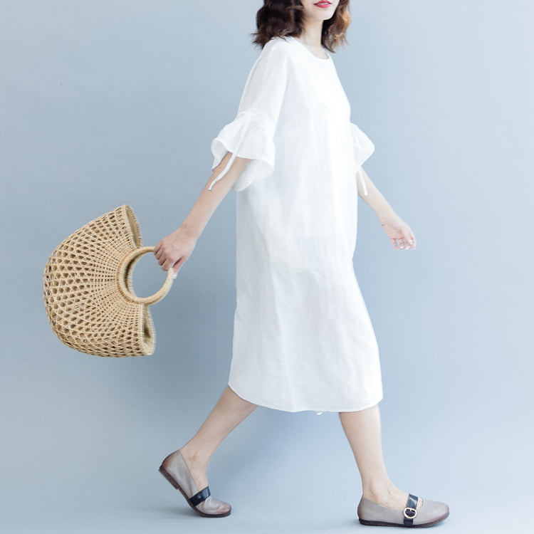White Long Cotton Linen Dress O Neck Drawstring Caftans Fine Petal Sleeve Baggy Dresses