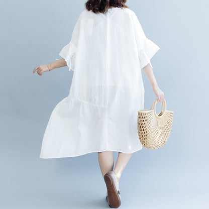 White Long Cotton Linen Dress O Neck Drawstring Caftans Fine Petal Sleeve Baggy Dresses