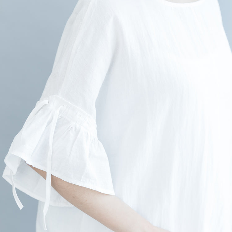 White Long Cotton Linen Dress O Neck Drawstring Caftans Fine Petal Sleeve Baggy Dresses