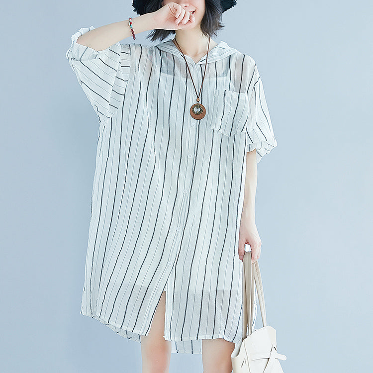 White Pure Cotton Dress Dress Long Sleeve Hooded Striped Clothing Dress