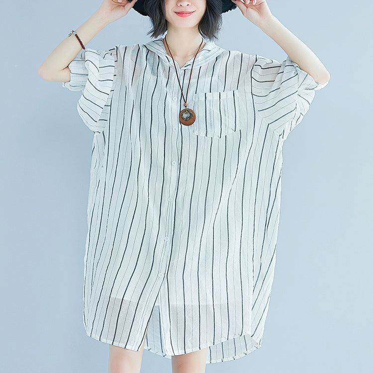 White Pure Cotton Dress Dress Long Sleeve Hooded Striped Clothing Dress
