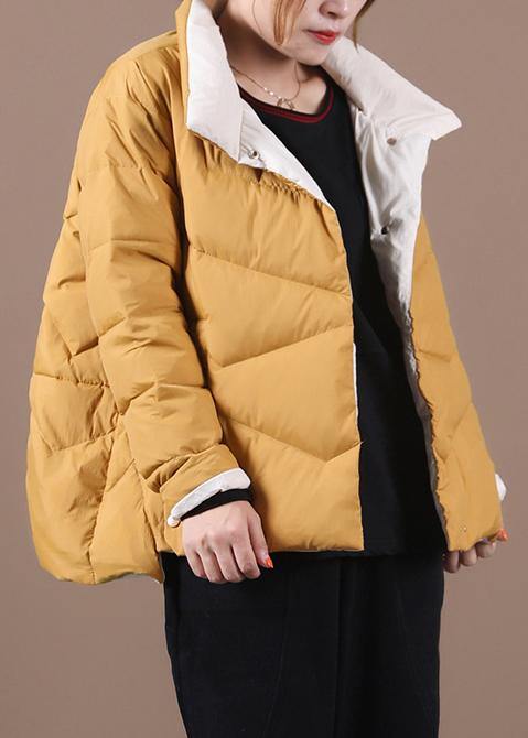 Yellow Duck Down Coat Loose Fitting Snow Jackets Stand Collar Pockets Overcoat