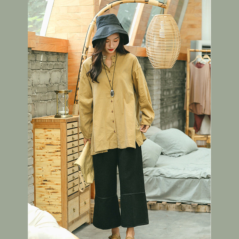 Yellow Shirt Clothing Stand Collar Baggy T Shirts Side Open Clothing Tops