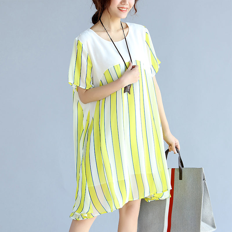 Yellow Striped Chiffon Dress Oversized Chiffon Patchwork O Neck Chiffon Clothing Dresses