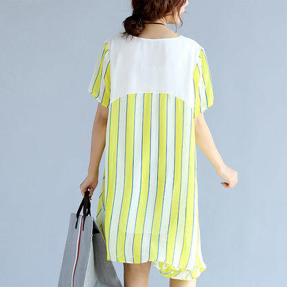 Yellow Striped Chiffon Dress Oversized Chiffon Patchwork O Neck Chiffon Clothing Dresses