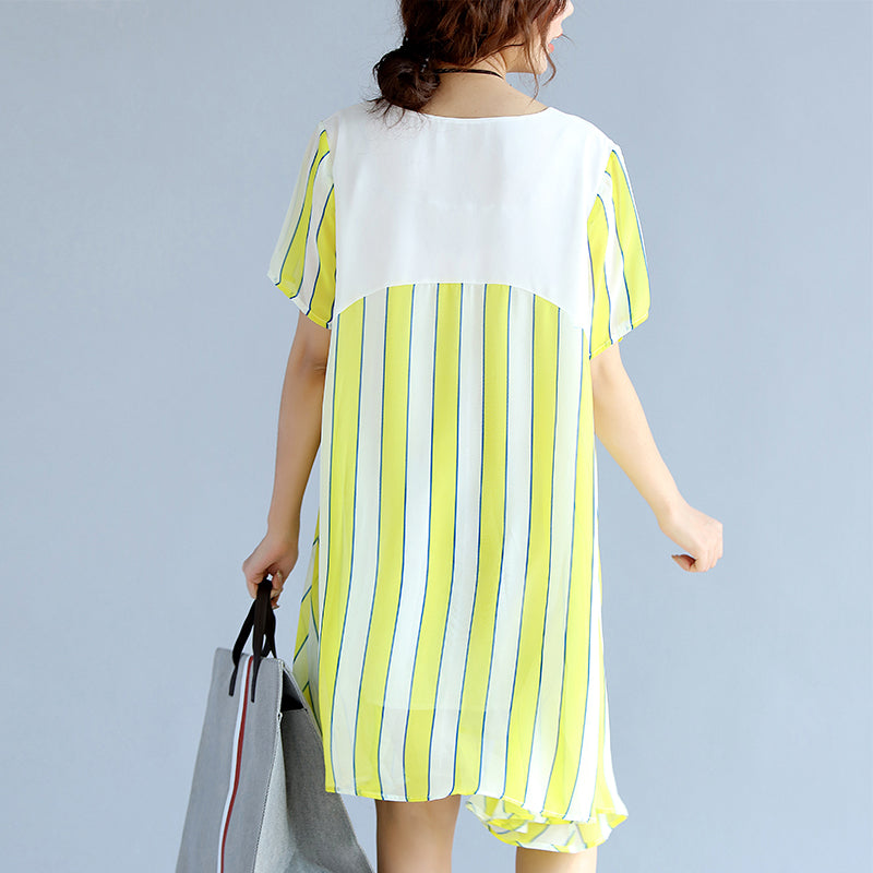 Yellow Striped Chiffon Dress Oversized Chiffon Patchwork O Neck Chiffon Clothing Dresses