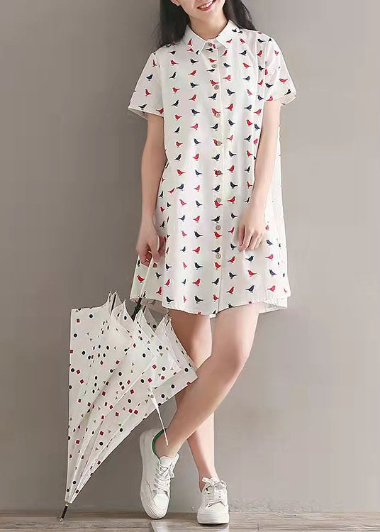 Prints Linen Dress Lapel Collar Linen Gown Fine Shirt Dress