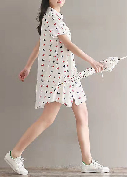 Prints Linen Dress Lapel Collar Linen Gown Fine Shirt Dress