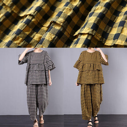 Yellow Plaid Cotton Linen Patchwork Ruffles Tops and Wide Leg Pants Two Pieces